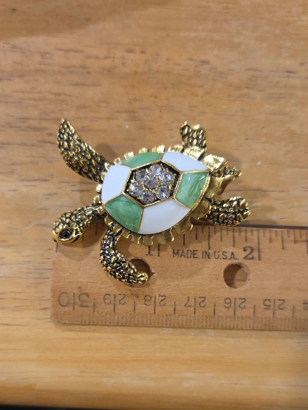 Gold Turtle Brooch with Green and White Enamel and Rhinestone Accents